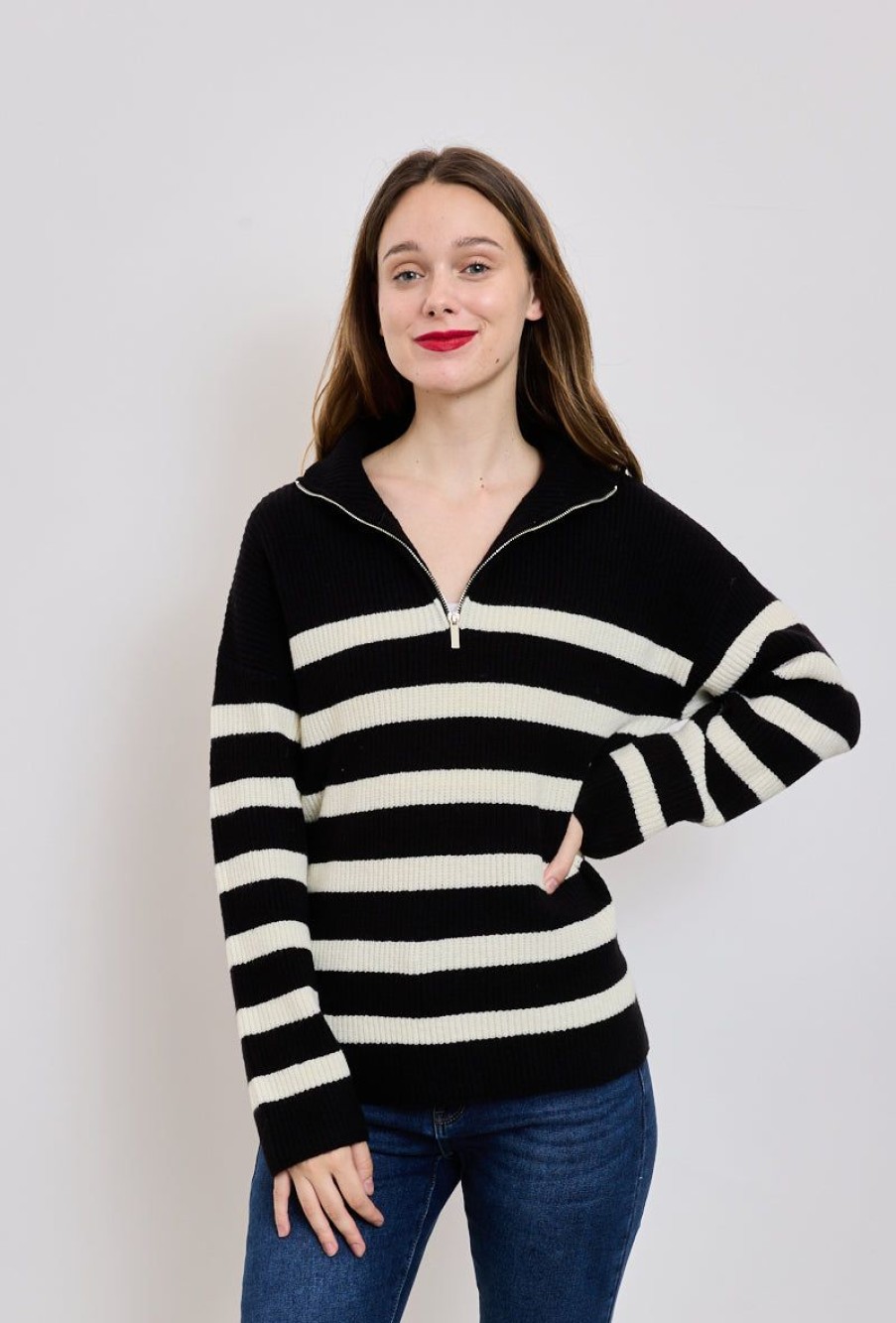 Femme Escandelle Paris | Pull Raye En Maille Noir