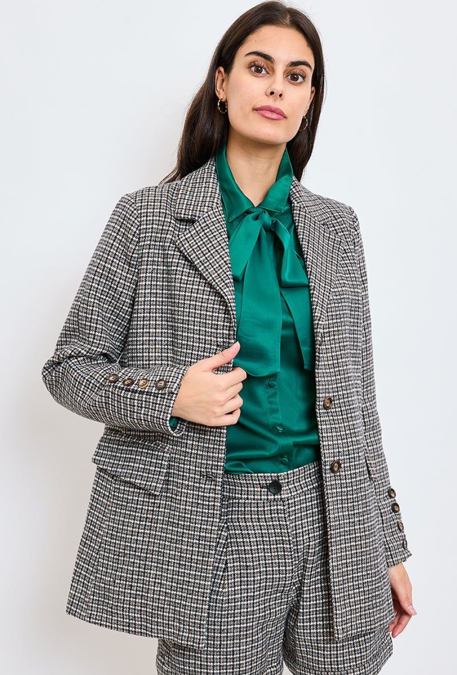 Femme Escandelle Paris | Blazer A Carreaux Avec Ceinture