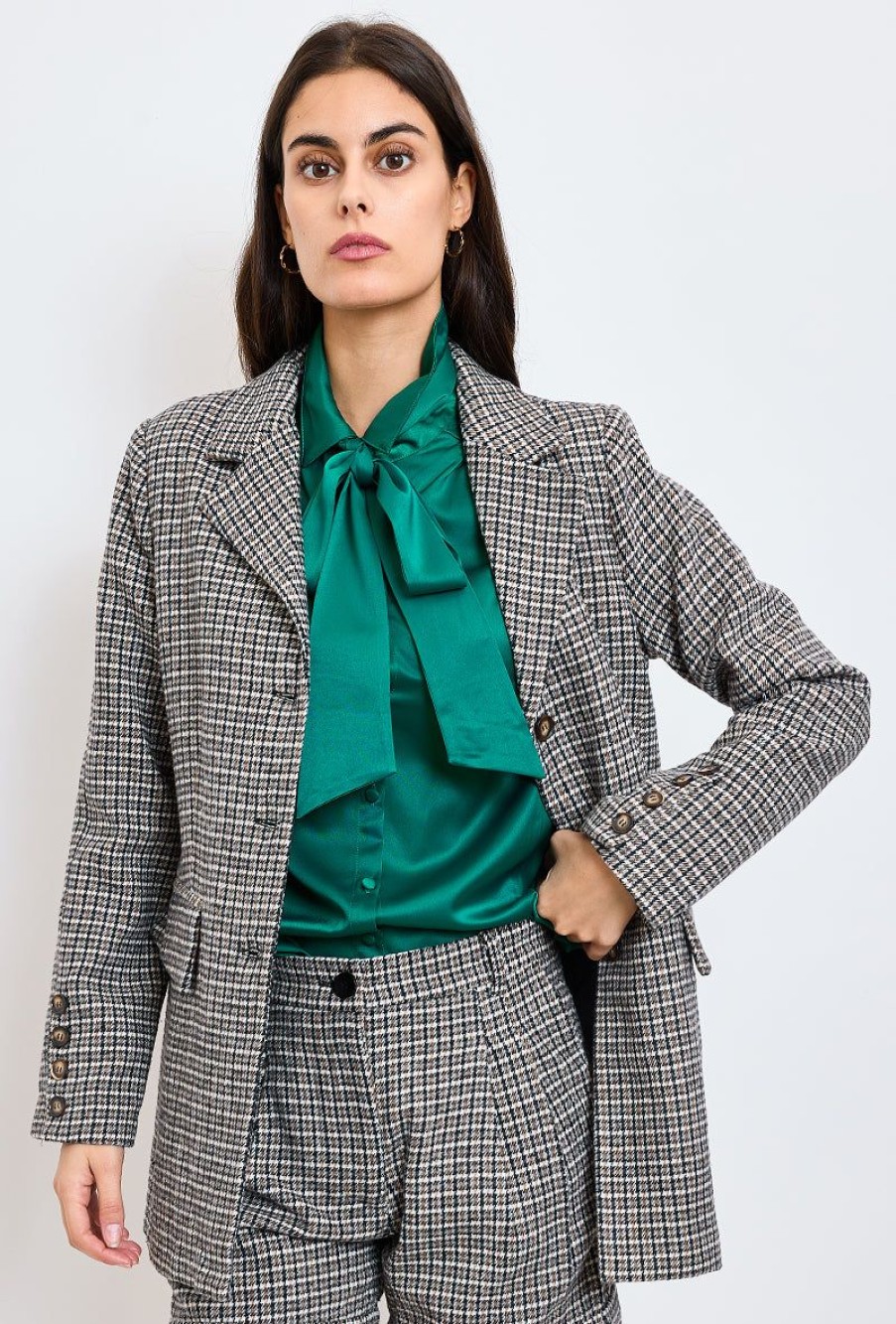 Femme Escandelle Paris | Blazer A Carreaux Avec Ceinture