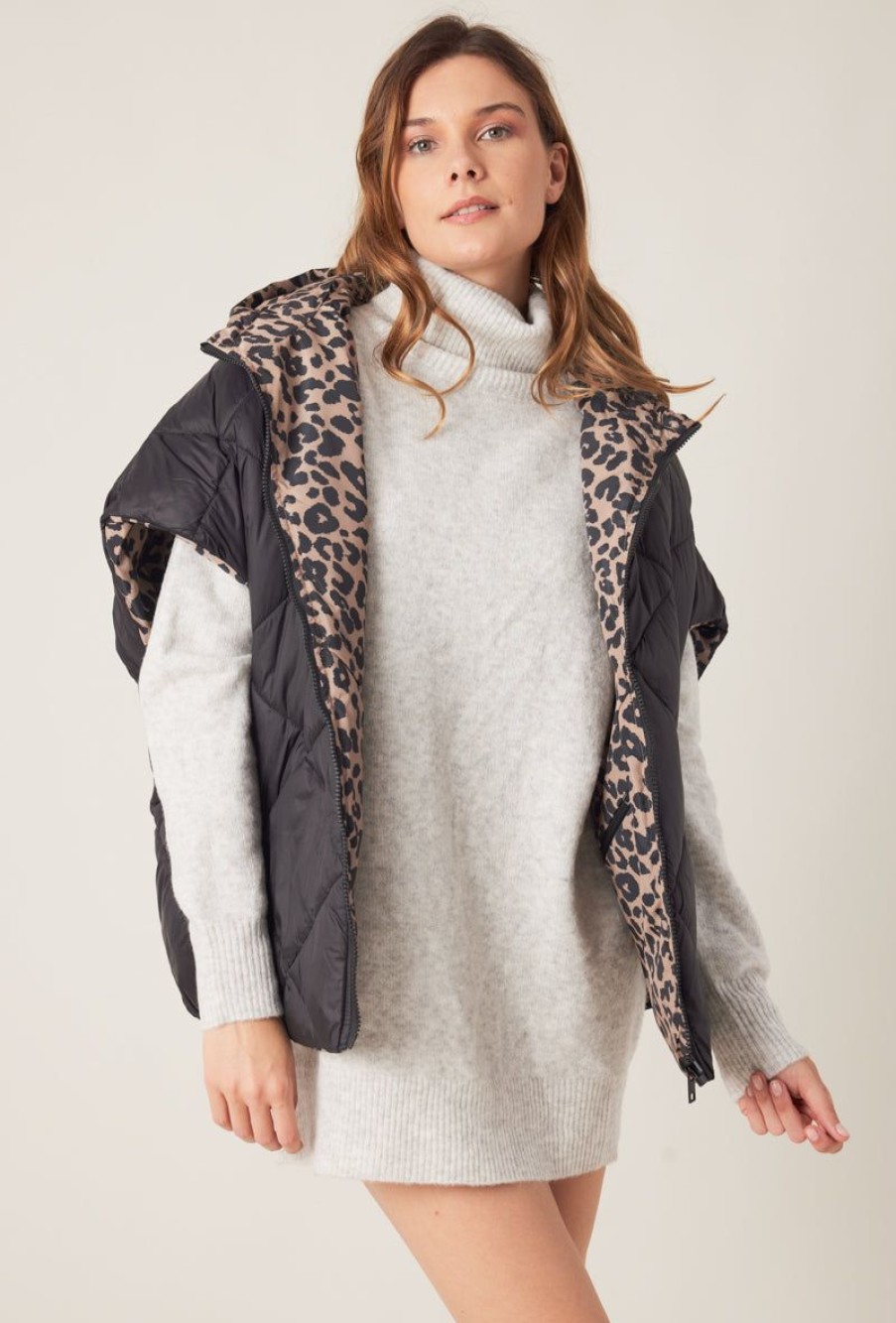 Femme Escandelle Paris | Doudoune-Cape Reversible A Motifs Leopard