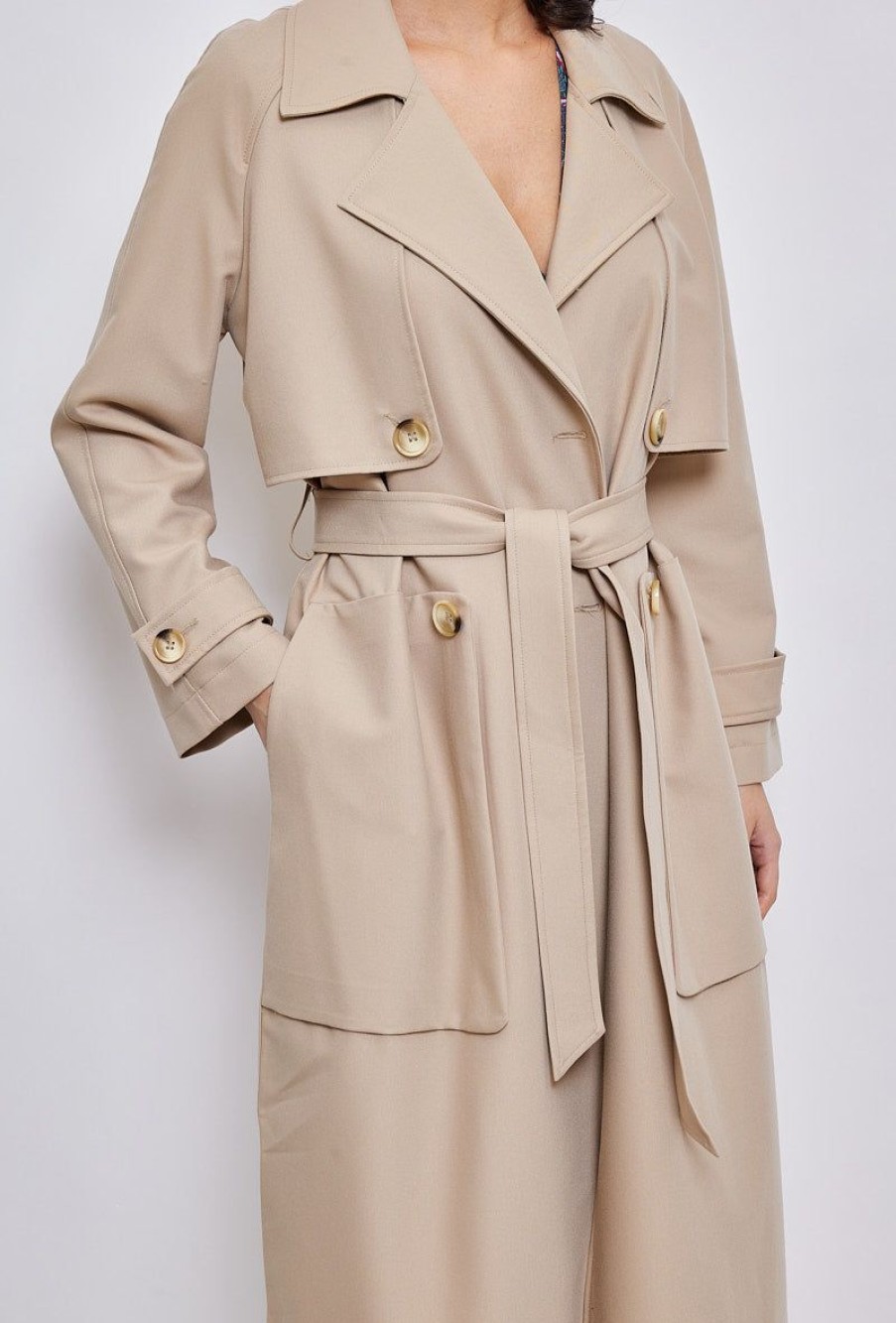 Femme Escandelle Paris | Trench Long A Ceinture Beige