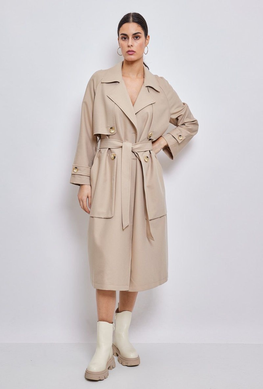 Femme Escandelle Paris | Trench Long A Ceinture Beige